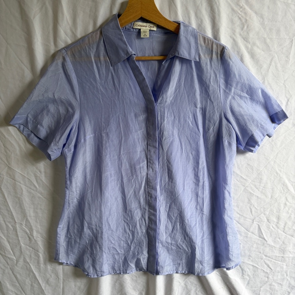 Coldwater Creek Soft Feminine Sheer Blue Cotton Silk Blend Button Down